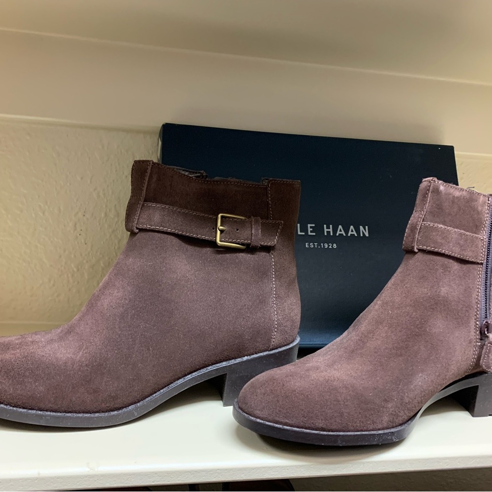 New, never worn Cole Haan Brown Suede Ankle Boots with gold Buckle Detail
